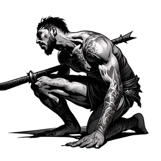 Defeated Warrior On His Knees Looking Up