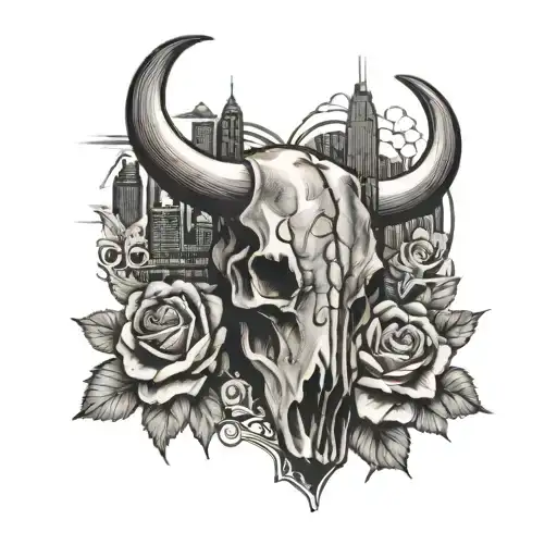Heart Of City With Bull Skull And Roses With Houston Skyline