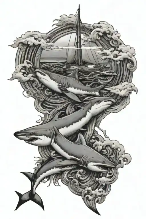 Sun At The Top Followed By Waves Followed By Two Sharks Followed By A Trident