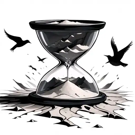 A Cracked Hourglass With Sand Turning Into Birds Flying