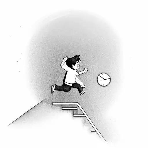 Boy Running Up Stairs Towards A Clock