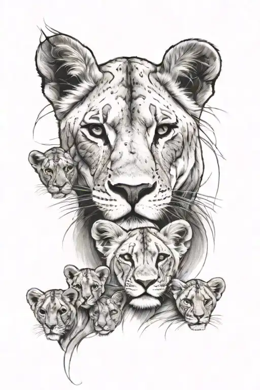 Beautiful Lioness With Four Cubs