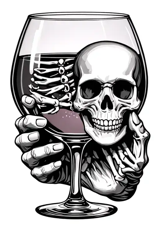 Skeleton Hand Holding Stemless Wine Glass With Skull Head Inside The Wine