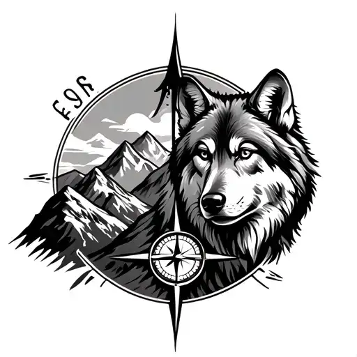 Mountains With Compass And Wolf