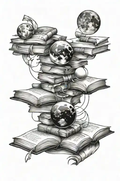 Back Tattoo Of Phases Of The Moon But With Books Symbolizing The Phases Of The Moon