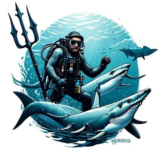 Scuba Diver With A Trident Surrounded By A Great Whites A Blue Whales In The Ocean