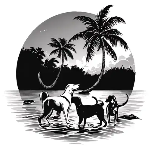Sea With Coconut Trees And Dogs Playing Together