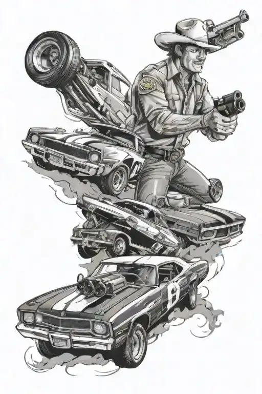 Create A Tattoo Inspired By The Duke Of Hazzard And Derby Cars In A Black And Grey Style