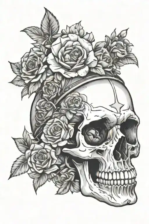 Military Helmet On A Skull Surrounded By A Mountain And Flowers