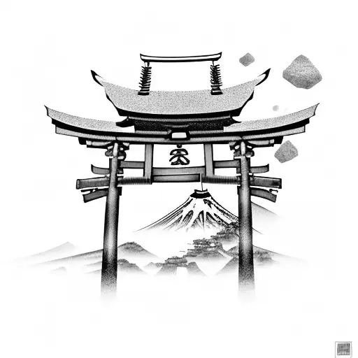 Japanese Torii Gate With A Samurai Standing In The Middle