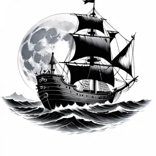 Full Moon With Scull And Pirate Ghost Ship Sailing Through Stormy Seas