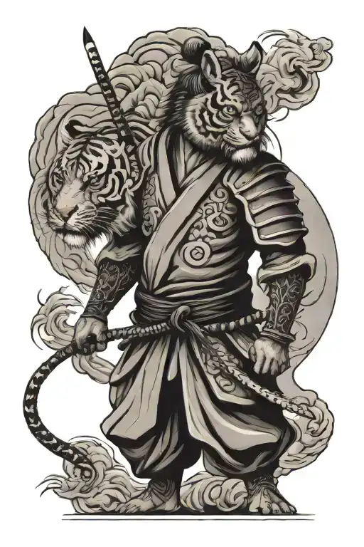 Samurai Standing With Tiger