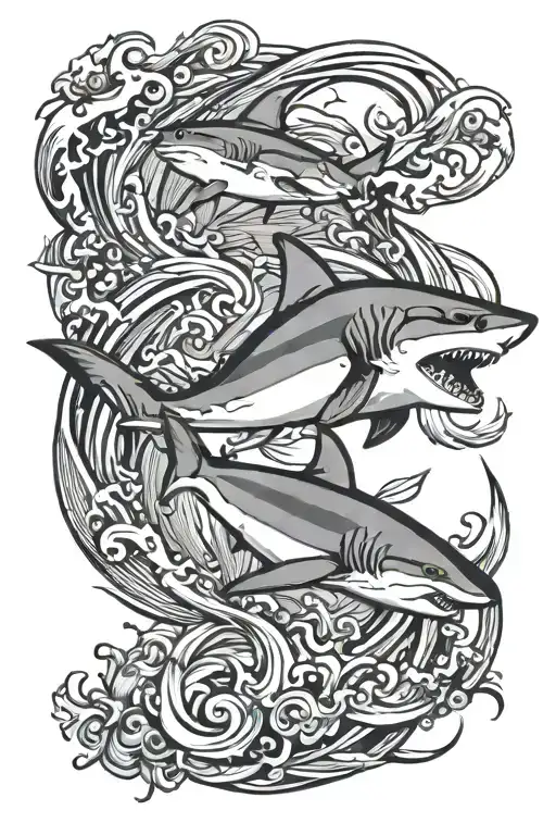 Sun Waves Crashing Sharks Swimming Tridant Greek Mythology