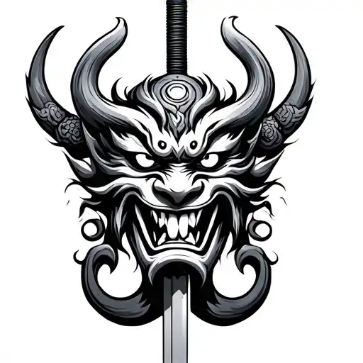 Chinese Oni Mask With Katana Down The Middle