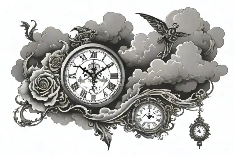 Cross With Clouds And Clock Surrounded