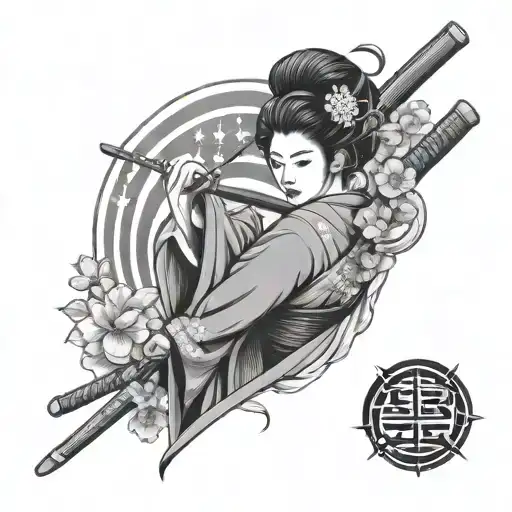 Geisha Holding A Katana American Flag Japanese Glag