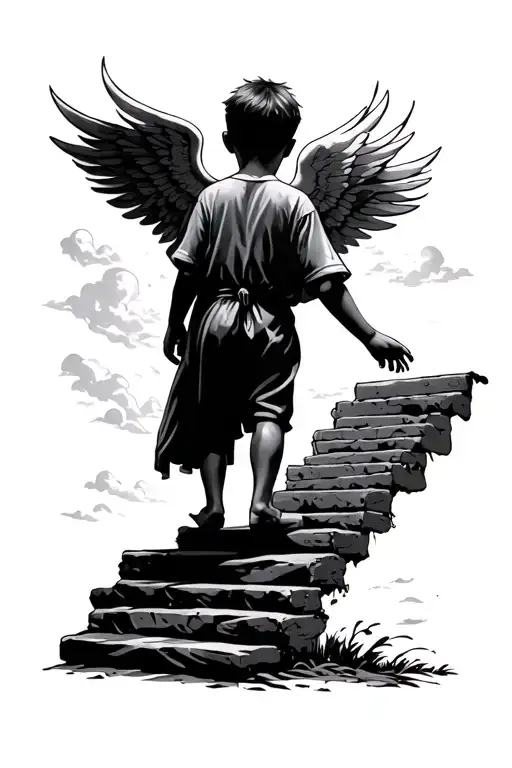 Little Boy Walking Up Stairway To Heaven