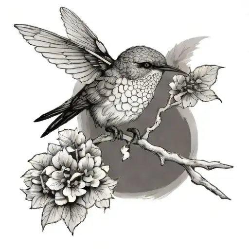 Dried Hydrangeas And Hummingbird Black And Grey Few Flowers On Branch