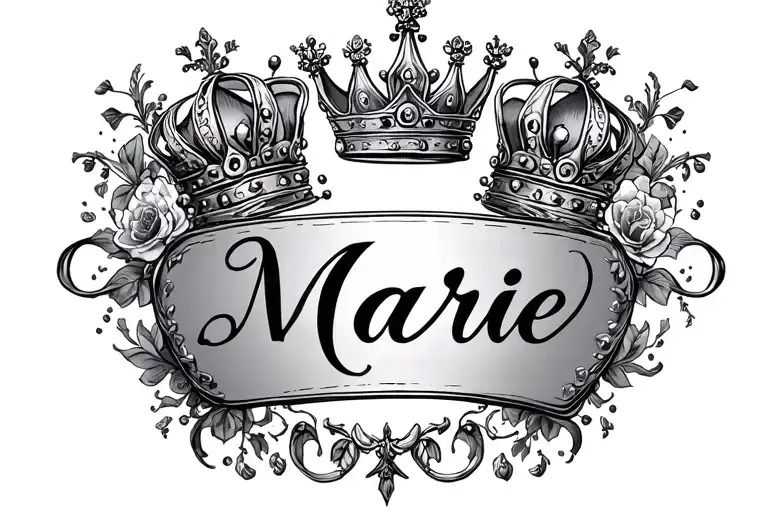 Marie In Cursive With Designs And A Queen Crown