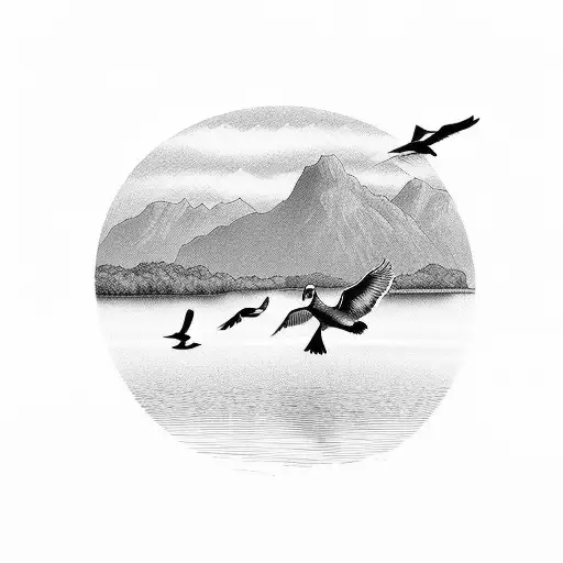 Ducks Flying Over A Lake At Sunset