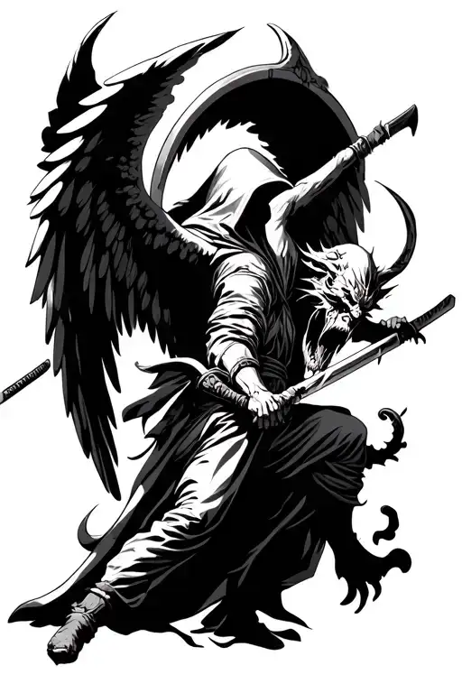 Hooded Arch Angel Defeating A Demon With A Katana