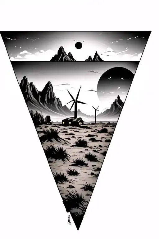 3 Triangles With Desert Mountains And Windmills