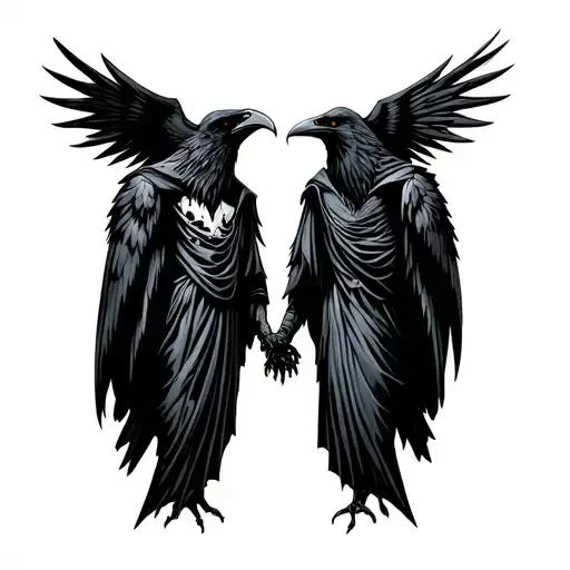 Two Headed Raven With Grim Reaper Holding Hands With His