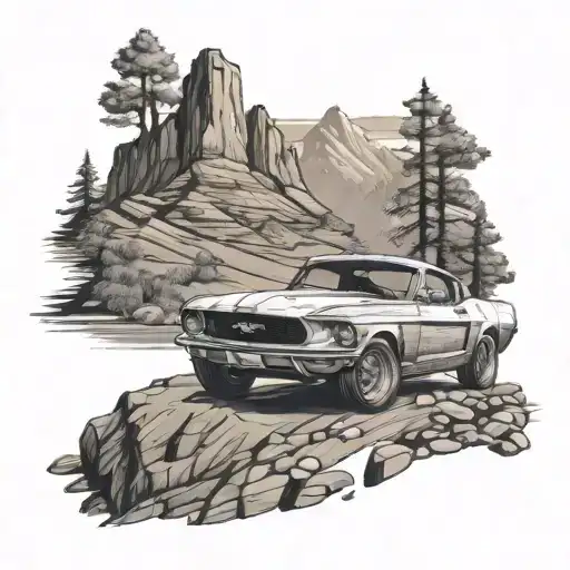 Design A Tattoo Of An Explorer Driving A Ford Mustang Through A Rugged Mountain Terrain