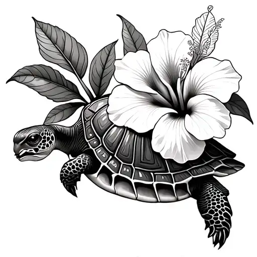 Turtle And Hibiscus Flower With A Few Lines And Dimension The Flowers Should Not Be On The Turtle