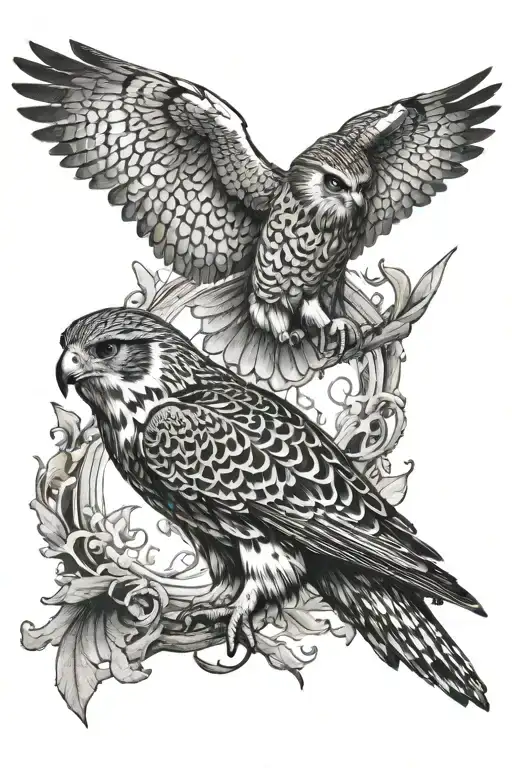 Falcon And Owl Flying At Eachother