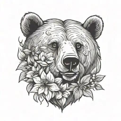 Bear Face With Flowers Tattoo