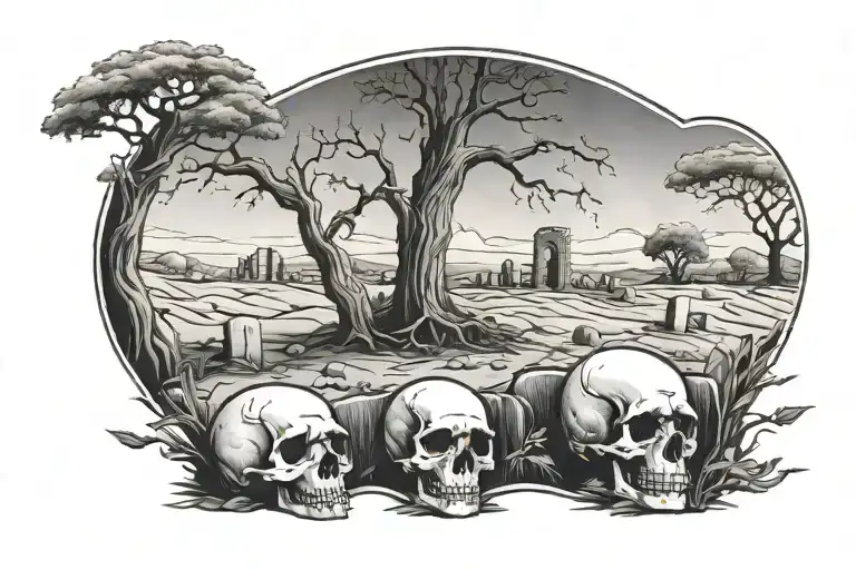 A Grave Yard With Rolling Hills And Skulls An Oak Tree