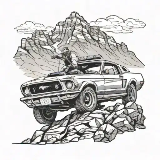Design A Tattoo Of An Explorer Driving A Ford Mustang Through A Rugged Mountain Terrain