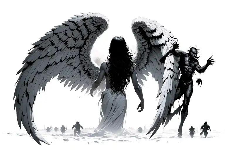 Back Facing Angel With Wings Coming Out Of Back And Demons Approaching From A Distance
