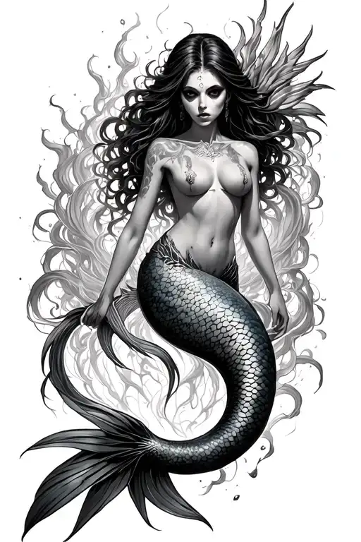 Dark Art Horror Siren Mermaid Full Body Surrounded By Cyber Sigilism
