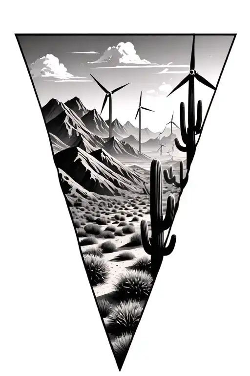 3 Sperate Triangles Put Images Of Desert Mountains With Many Windmills On The Mountains And Cactus