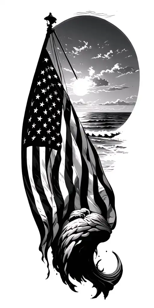 Ocean Sunset Time America Flag Back Ground