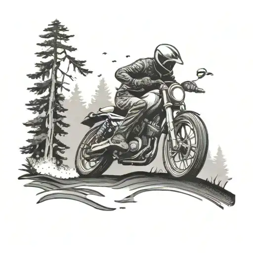 A Dotwork Tattoo Of A Motorcycle Rider Cruising Through A Forest Trail