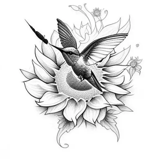 An Intricate Blackwork Design Featuring A Hummingbird Surrounded By Sunflowers And Lilies