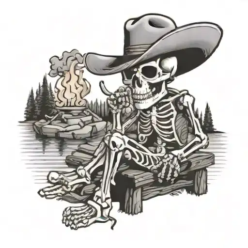 Cowboy Skeleton Sitting On A Log In Front Of Camp Fire