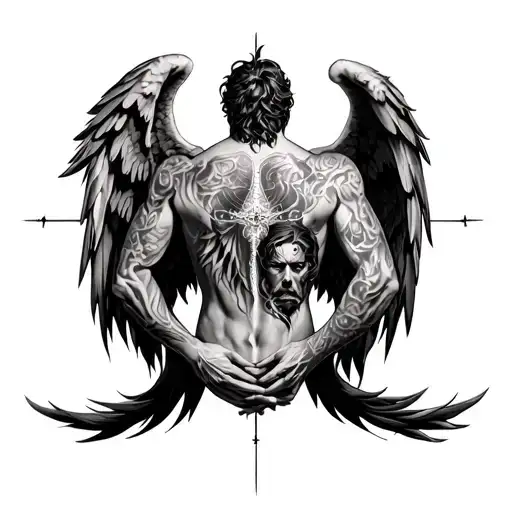 Full Back Tattoo For Men With God And Evil Angel