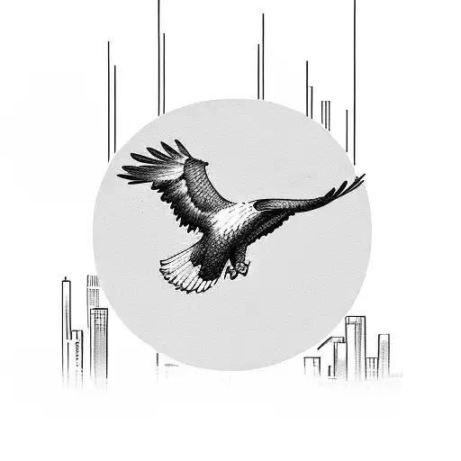 Eagle Soaring Over A City Skyline Made Of Financial Buildings