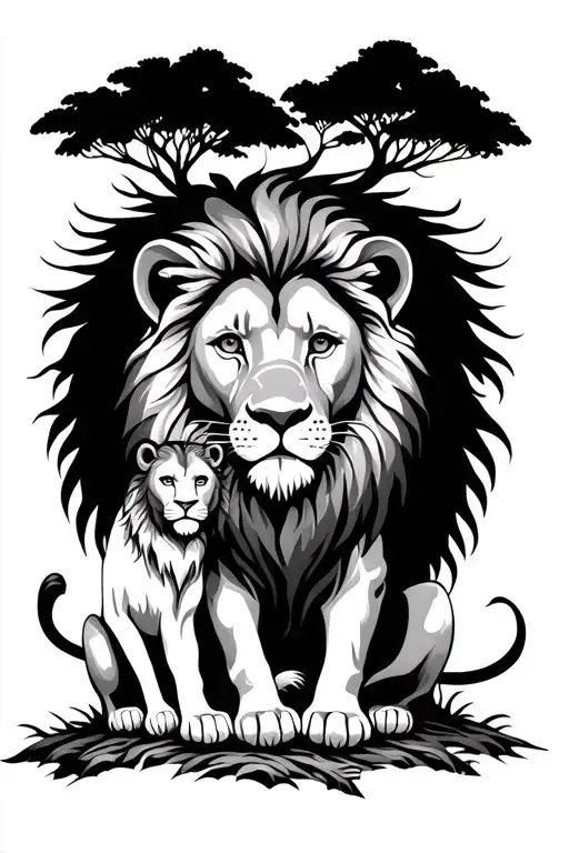 Lion Protecting Son Sitting Trees Birds