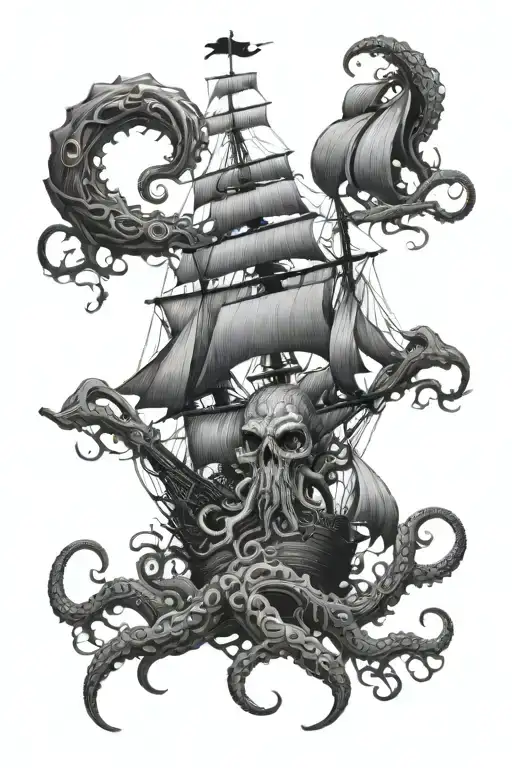 Cthulu Tentacles With Pirate Ship Sailing Through Stormy
