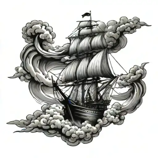 Burn The Ship On Shoulder With Clouds Wrapping Around Inner Bicep