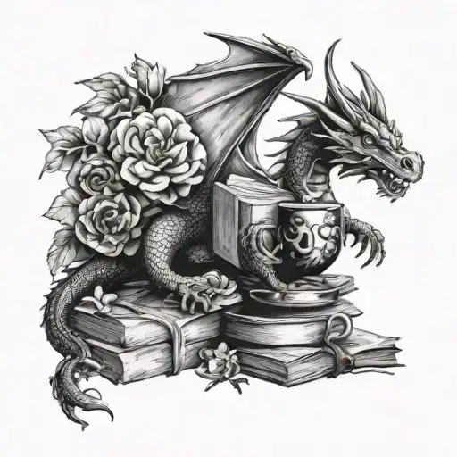 Dragon Flying Around Books And Coffee With Flowers