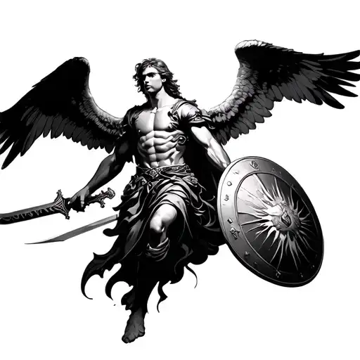 Flying Archangel With Sword And Shield Staring