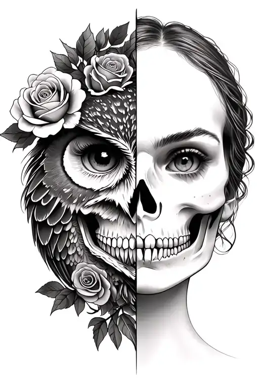 Half Woman Face With Hair And Roses Jaw Is Skeleton And Other Half Of Face Is An Owl