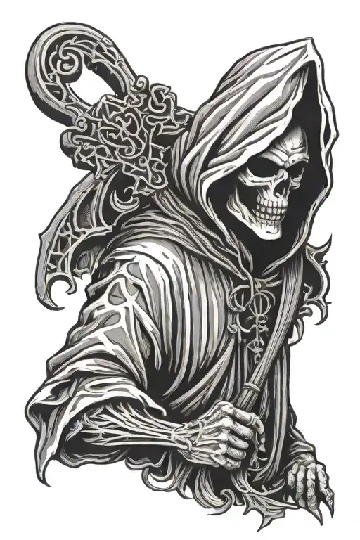 Grim Reaper Wearing Hood Holding Cross