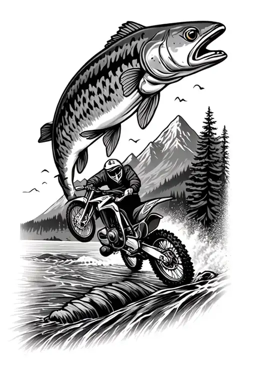 Mountains With River Flowing And Trout Fish With A Dirtbike Jumping The River